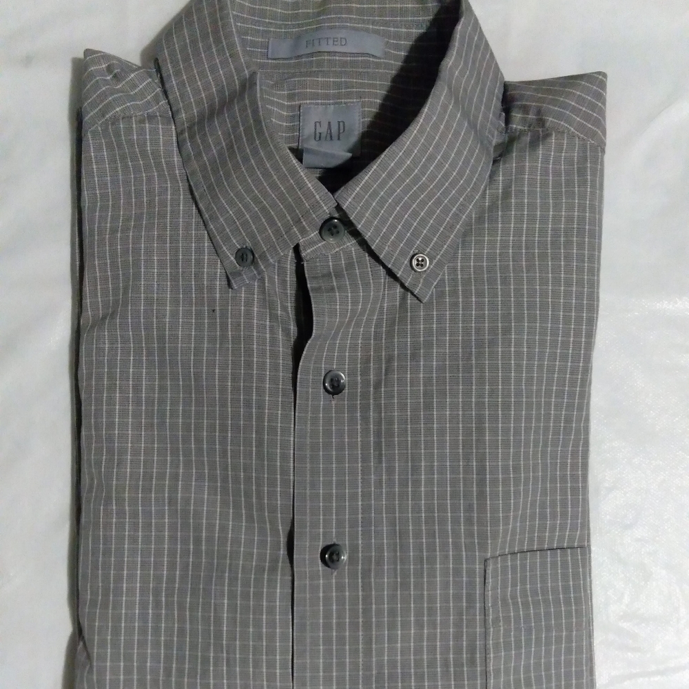Gap Fitted Men's Button Up Shirt Long Sleeves Front Pocket Gray/White Size XL